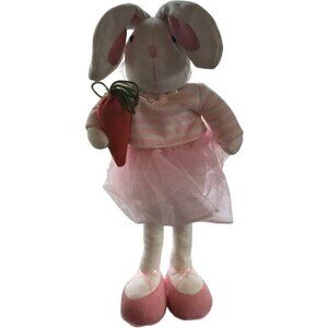16" Plush Easter Bunny Decor Pink Tulle Skirt & Striped Sweater Holding Carrot